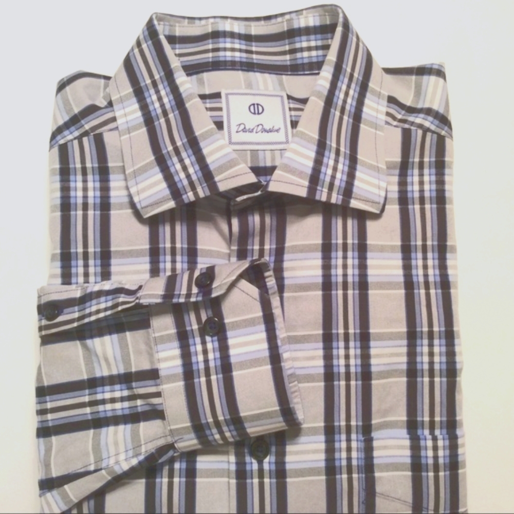 David Donahue blue gray plaid shirt